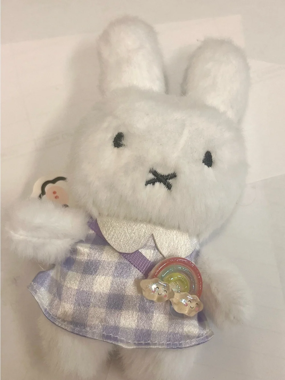 miffy White Plush Bunny with Purple Gingham Dress and Rainbow Charm